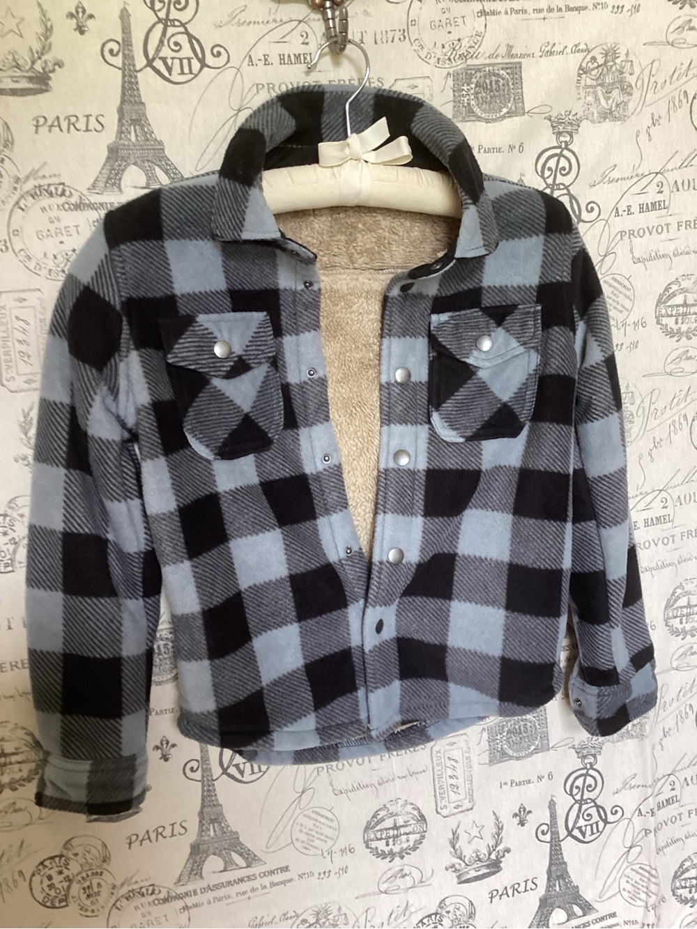 Eddie Bauer Black & Gray Plaid Sherpa-Lined Kids Flannel Jacket